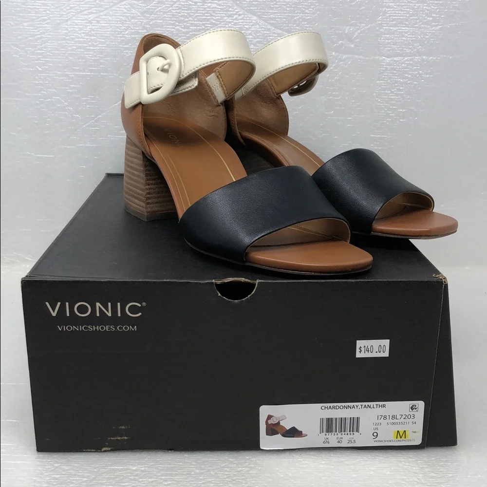 NEW Vionic Heels Chardonnay Tan Black Cream Leather Block Heel Adjustable Strap - Picture 13 of 13
